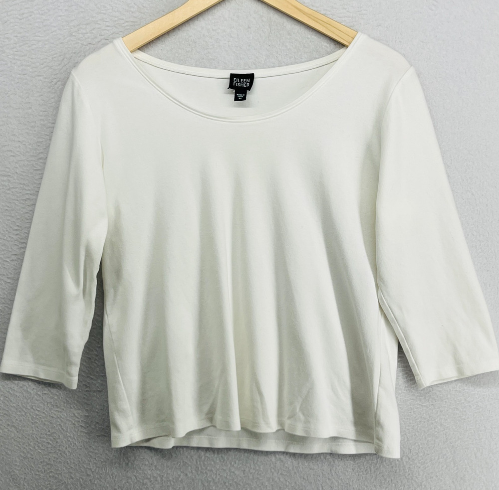 EILEEN FISHER Top M Cotton Interlock Jersey Boxy Scoop Neck 3/4 Sleeve White